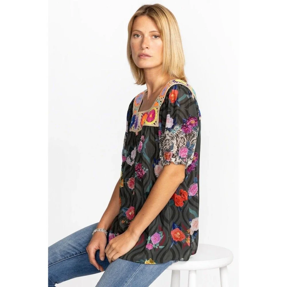 Johnny Was Rose Lace Tristan M Floral Crochet Tunic Top Cupra Rayon Boho Blouse